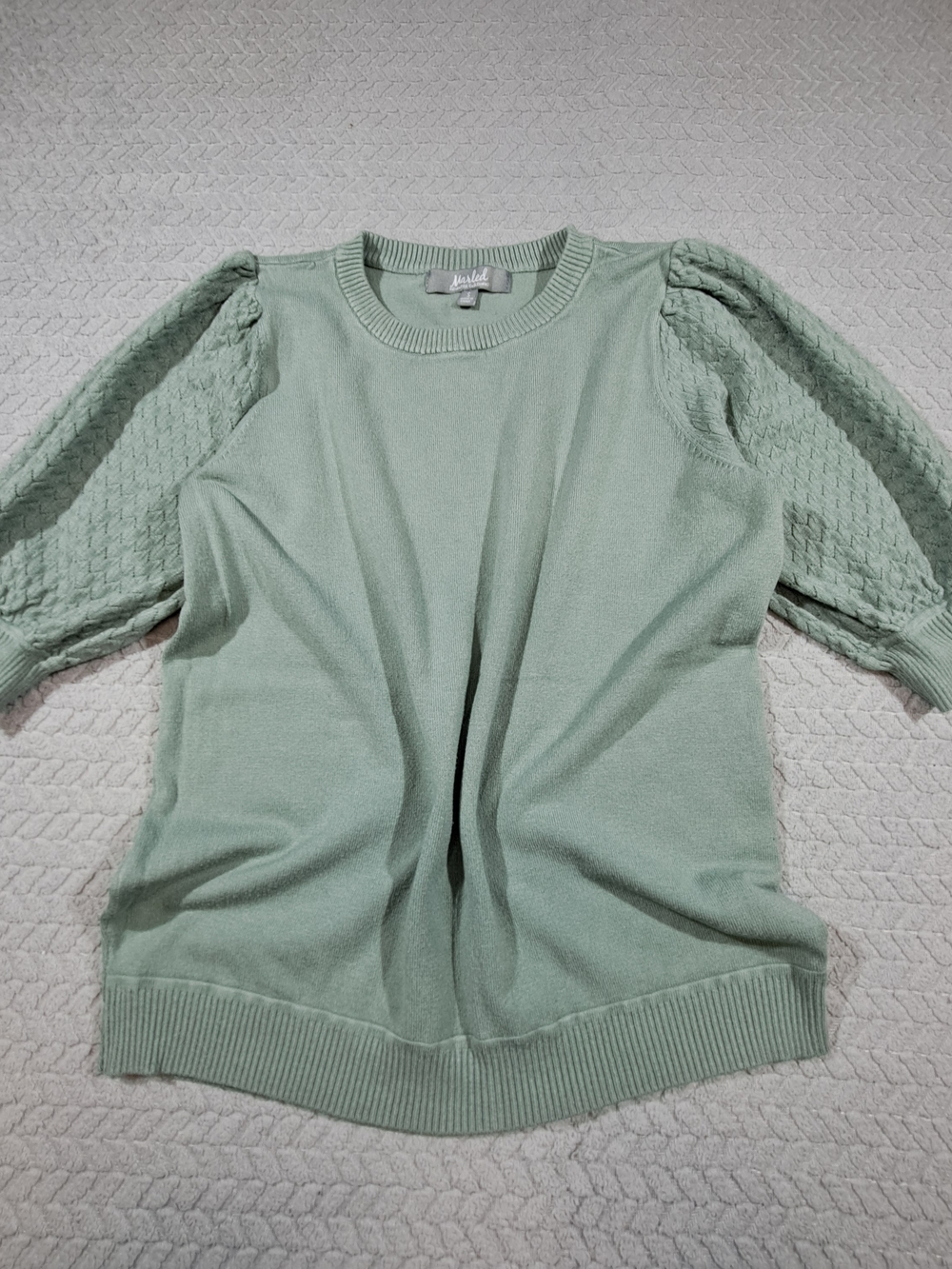 Puff-Sleeve Crew Sweater in Sage Green